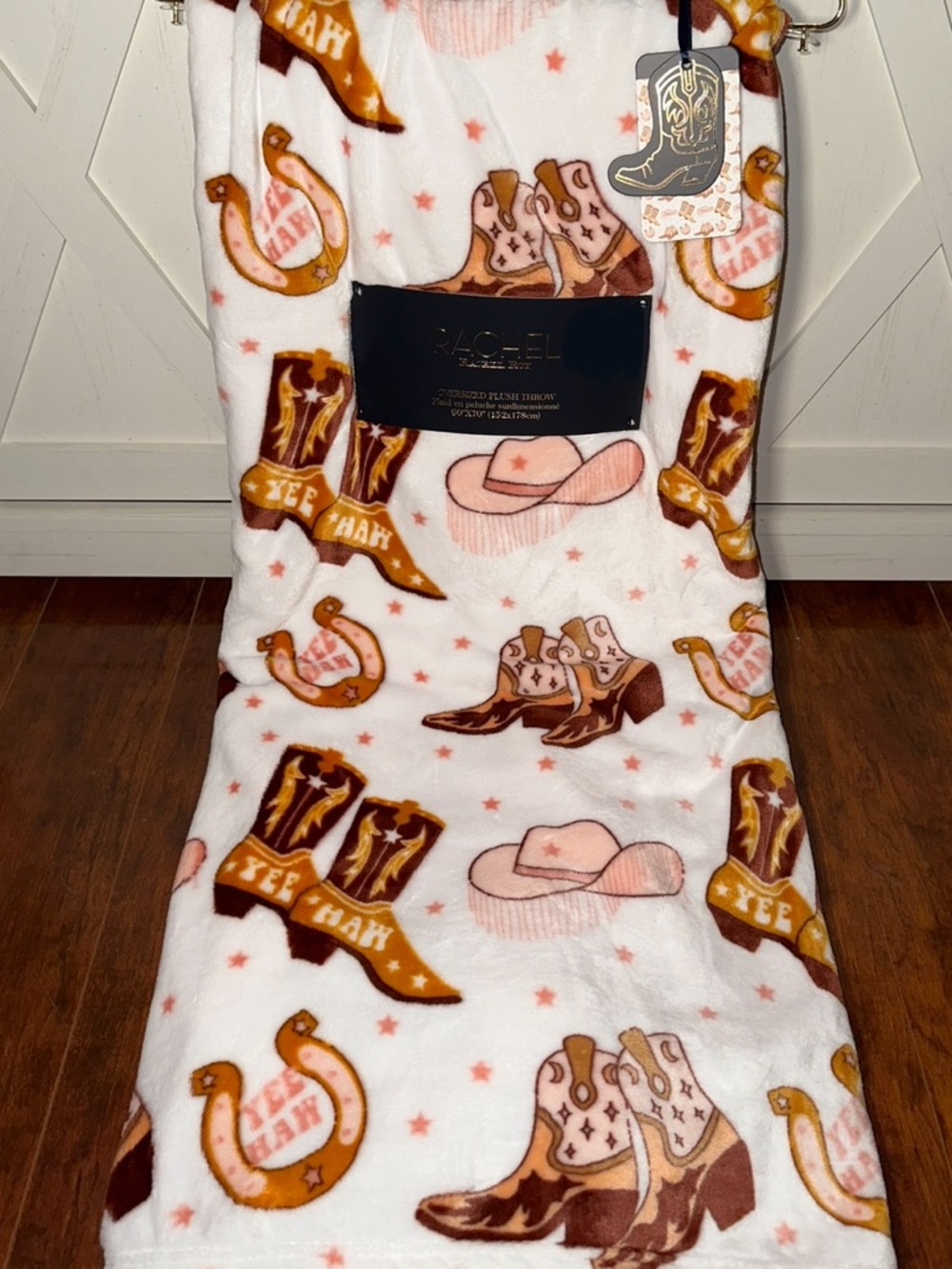 Rachel Roy Pink Brown Cowboy Boot & Hat ‘Yee Haw’ Plush Throw Blanket